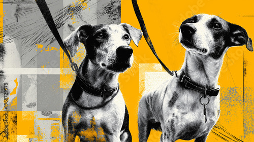 Two mixed breed terrier dogs on leashes