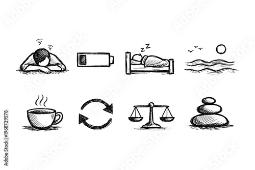 Doodle icons representing energy levels, rest, and balance in life