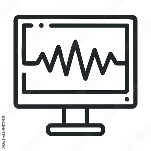 Computer monitor displays a fluctuating waveform on its screen, representing data, sound, or vital signs in a simple outline illustration.