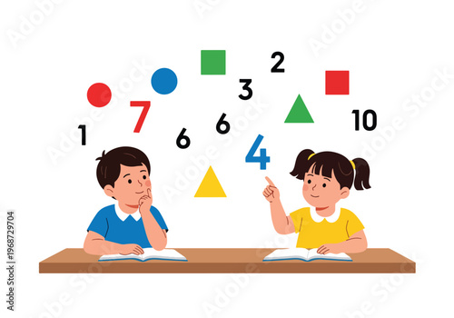 Flat style vector illustration of children learning mathematics with numbers and shapes, solving problems in classroom, modern STEM education and academic learning concept