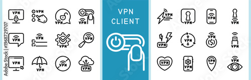 Comprehensive set of VPN client and virtual private network vector line icons