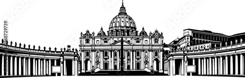 St. Peter's Basilica Architectural Drawing in Black and White for Landmark, Religious, and Cultural Design Themes