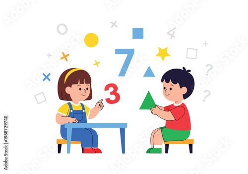 Flat style vector illustration of children learning mathematics with numbers and shapes, solving problems in classroom, modern STEM education and academic learning concept