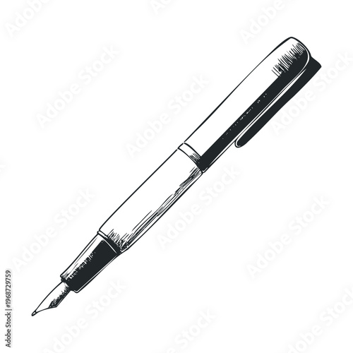 Classic fountain pen illustration, hand-drawn with intricate details, representing elegance, writing, and traditional craftsmanship in a vintage sketch style.