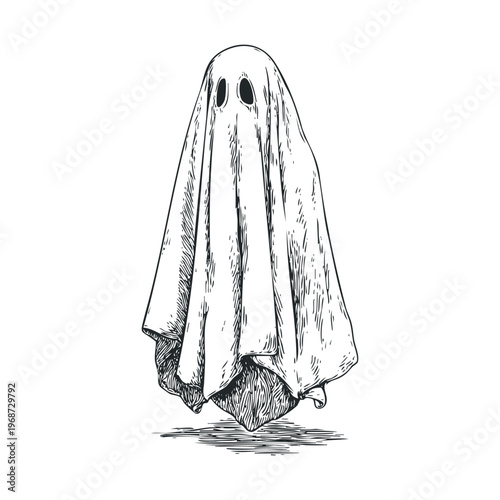 Spooky ghost figure with two dark eyeholes is depicted in a classic hand-drawn engraving style, floating eerily above the ground, perfect for Halloween designs and supernatural themes.