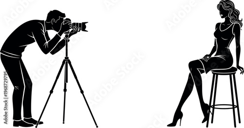 Silhouette Photography Illustration Set with Photographer, Camera, and Model Posing for Fashion and Studio Design Concepts