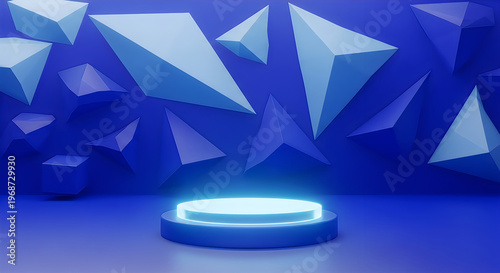 Blue podium display 3d render for product showcase awards and presentation platforms