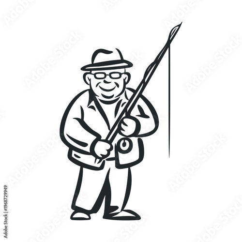 Cheerful elderly man fishing with a rod, wearing a classic hat and glasses, enjoying his favorite outdoor hobby with a pleasant smile.