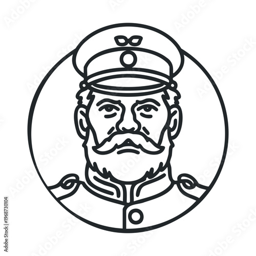 Military officer man portrait illustration with a stern expression and a distinguished mustache, wearing a uniform and peaked cap.