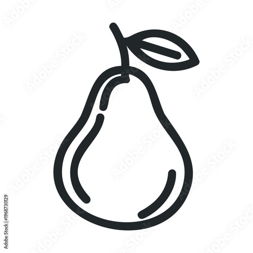 Simple black outline pear fruit icon, a minimalist graphic representation of a healthy and fresh organic food item with a stem and a leaf.