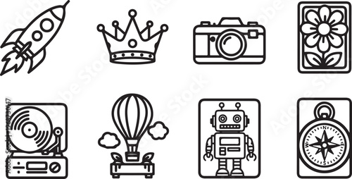Collection of eight black and white line icons showing various concepts Vector