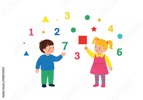 Flat style vector illustration of children learning mathematics with numbers and shapes, solving problems in classroom, modern STEM education and academic learning concept
