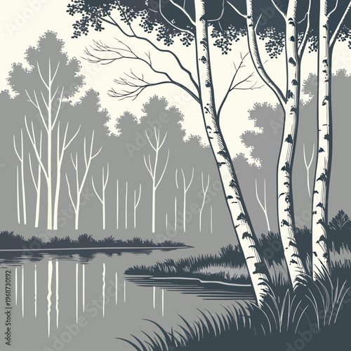 A grove of silver birch trees reflected perfectly in a still, dark pond. 