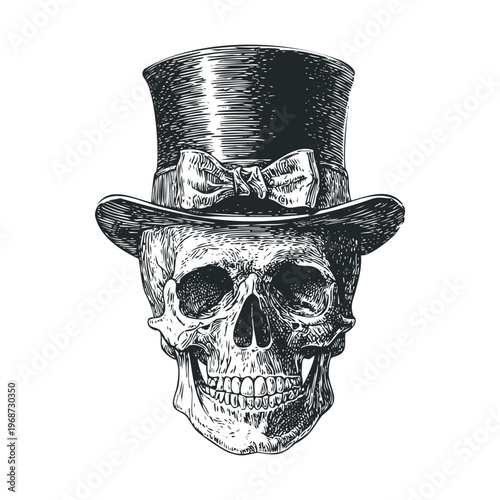Human skull wearing a top hat with a bow tie is depicted in a detailed vintage engraving style, showcasing a blend of macabre and gentlemanly elegance.