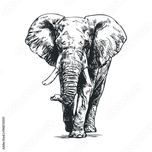 Impressive African elephant illustration, hand-drawn with intricate details, showcasing its majestic presence and powerful stride forward.