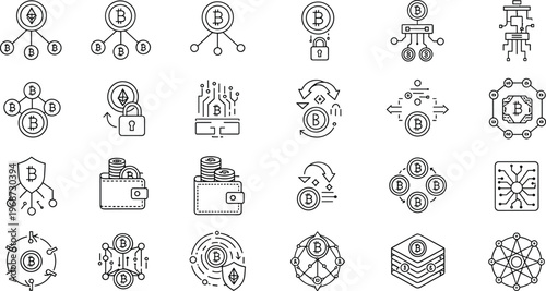 Cryptocurrency and Blockchain Icons Set Featuring Digital Currency, Security, Wallet, and Network Symbols for Financial Designs
