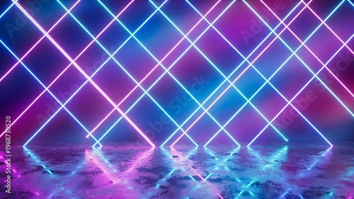 Abstract background with intersecting neon blue and purple laser light lines reflecting on a dark textured surface for futuristic visuals