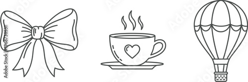 A set of three line art icons including a bow, coffee cup, and hot air balloon