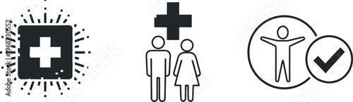 Black and white medical and healthcare icons on white background