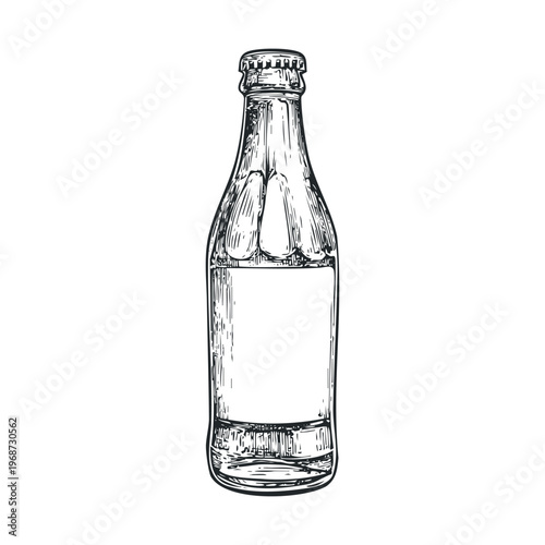 Glass bottle with a crown cap and blank label, depicted in a detailed hand-drawn sketch style, perfect for beverage packaging design mockups and vintage-themed projects.