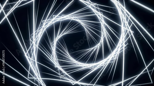 Abstract tunnel of rotating white neon square lines, glowing frame geometric motion, seamless loop background for futuristic digital media