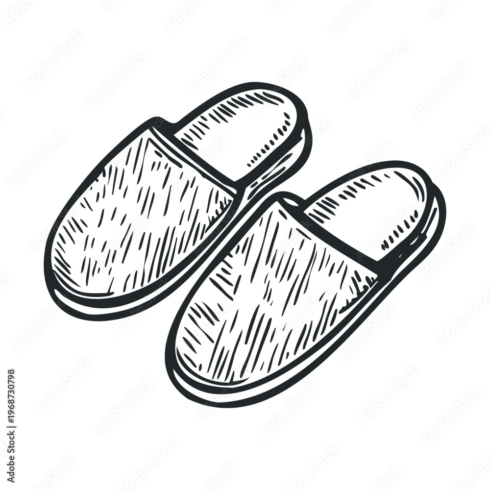 Obraz premium Pair of comfortable house slippers, hand-drawn with a classic sketch style, perfect for illustrating domestic comfort and relaxation.