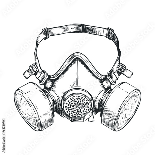 Gas mask illustration featuring a detailed sketch of protective breathing apparatus with filters and straps, depicting safety and danger.
