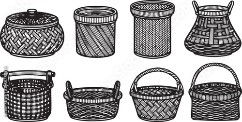 Traditional woven baskets with intricate patterns and varied shapes Vector