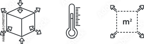 Black line icons of pressure on a cube, thermometer and square area