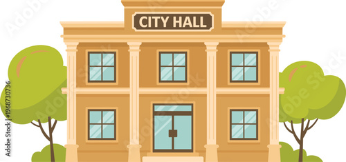 Flat style city hall building vector illustration with trees and classic architecture for municipal government local community services and urban landscape design