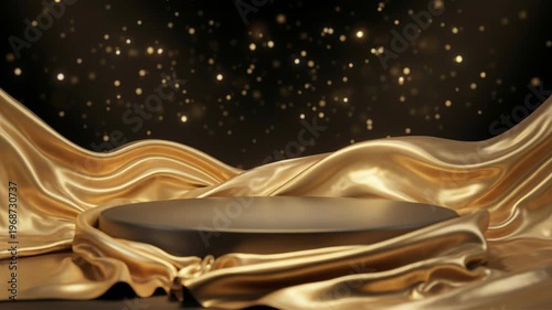 Black product display podium on gold silk fabric background, luxury presentation stage, shimmering bokeh light, elegant retail showcase