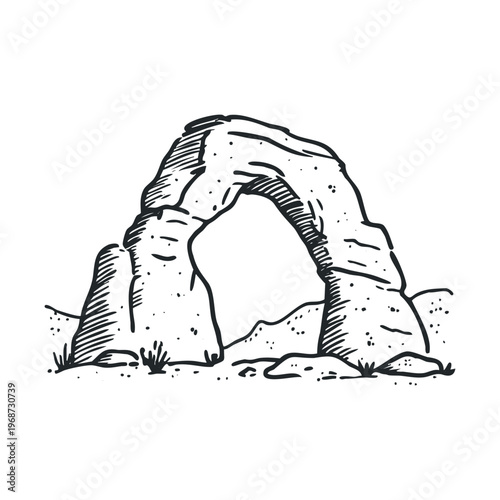Natural rock arch formation stands majestically in this hand-drawn illustration, depicting a rugged desert landscape with a unique geological structure.