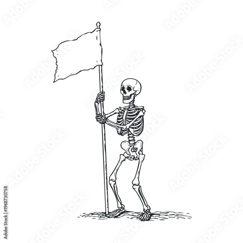 Skeleton holding a blank flag on a pole, standing upright in a detailed black and white line art illustration, representing concepts of peace or surrender.