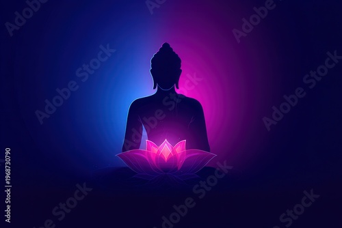 Buddha silhouette with lotus flower design in vibrant colors at night in a spiritual setting