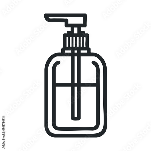 Simple outline icon of a pump dispenser bottle, perfect for illustrating liquid soap, hand sanitizer, or lotion for personal hygiene.