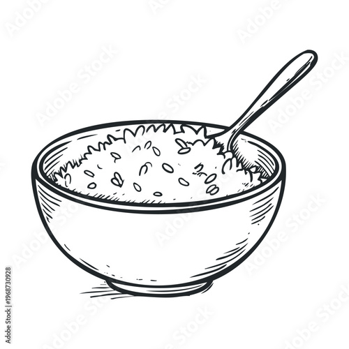 Bowl of food with spoon, a simple hand-drawn sketch illustration depicting a healthy breakfast or meal, perfect for culinary and nutrition concepts.