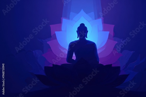 Buddha sits in meditation before a large lotus flower, surrounded by a soft glow in a dark setting