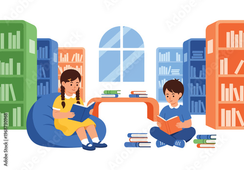 Flat style vector illustration of children reading books in a school library, sitting with shelves background, promoting literacy and calm focused learning environment