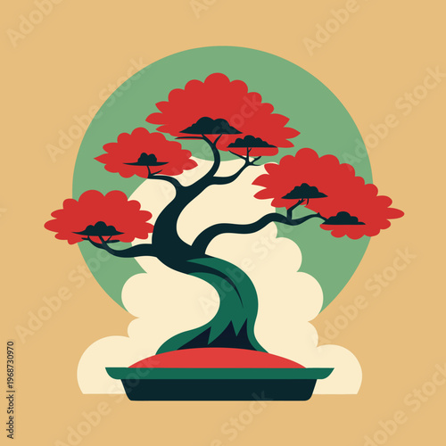minimalist japanese style bonsai tree vector illustration