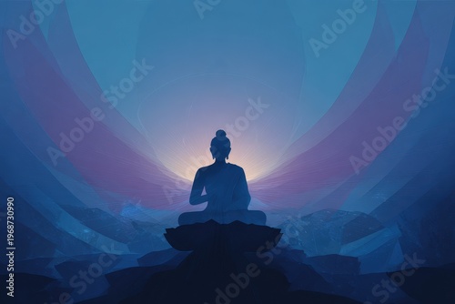 Buddha figure meditating in a serene space with soft light and abstract background