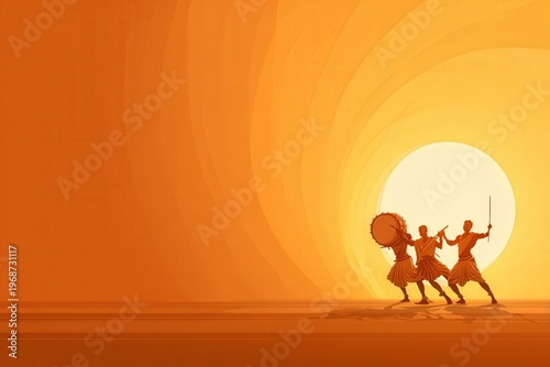 Dancers perform with drums and swords during sunset in a vibrant landscape