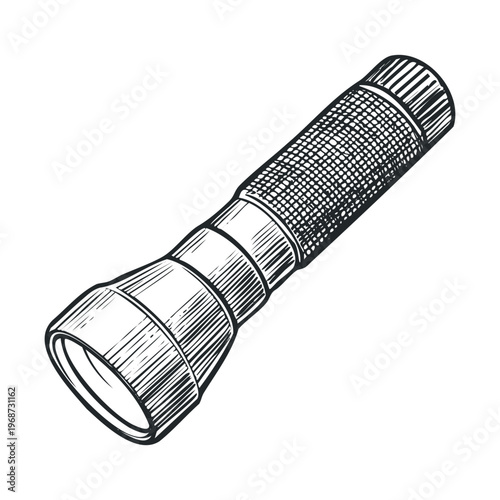 Portable hand-held flashlight illustration in a vintage style, depicting an essential tool for emergencies, outdoor adventures, and general illumination.