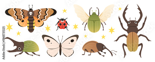 Decorative insects. Cute colored bugs. Decorative trendy insects, funny little garden inhabitants, butterflies, beetles, vector set.