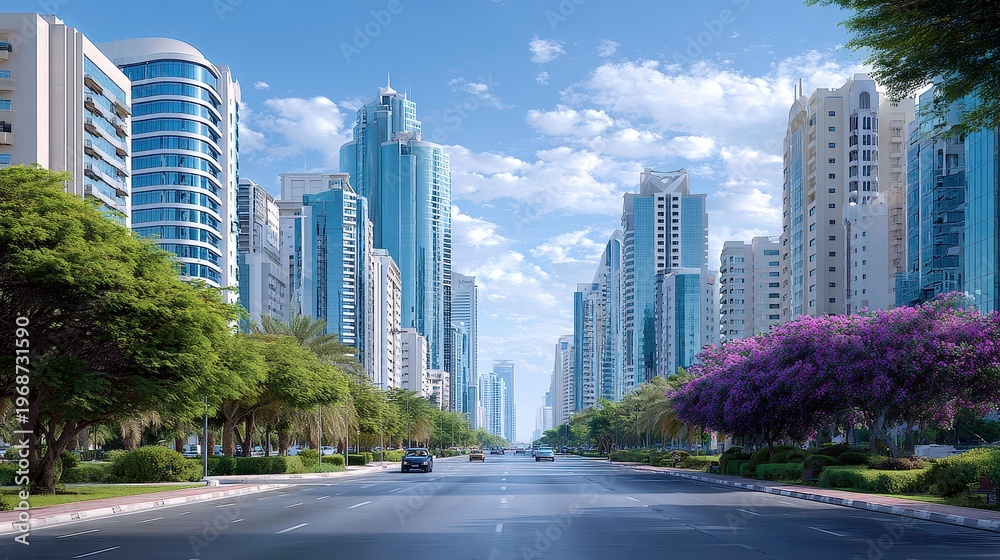 Fototapeta premium Scenic Urban Landscape with Modern Skyscrapers and Lush Trees