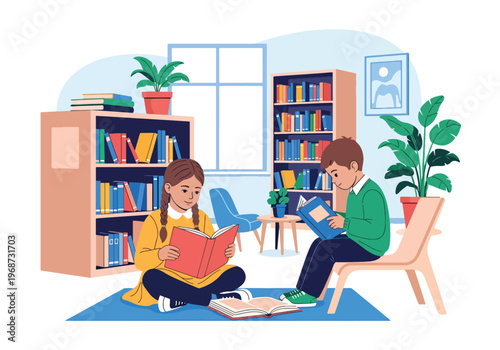 Flat style vector illustration of children reading books in a school library, sitting with shelves background, promoting literacy and calm focused learning environment