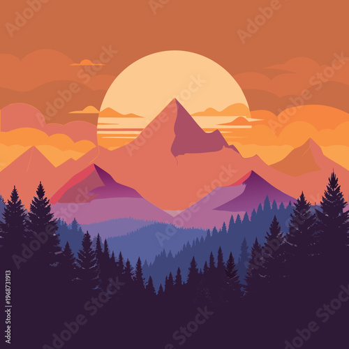 dramatic mountain forest landscape silhouette at sunrise