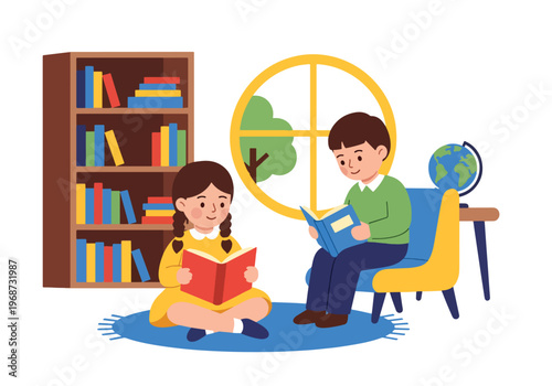 Flat style vector illustration of children reading books in a school library, sitting with shelves background, promoting literacy and calm focused learning environment