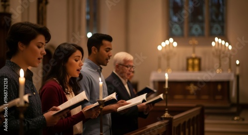 Group of women and men singing hymns in church during a religious service. Christian worship and spiritual devotion concept. Easter.