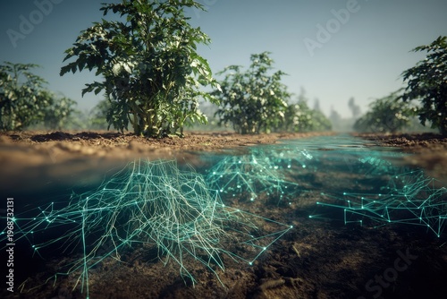 Roots and plants grow in a field with water and digital patterns at midday in a rural area