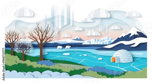 An illustration of a serene landscape with an igloo and polar bears in a frozen environment
